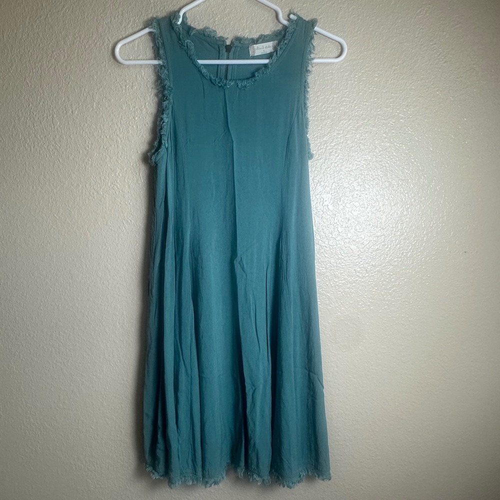 Altard State Teal Blue Frayed Trim Sleeveless Shift Mini Dress Womens Small Boho